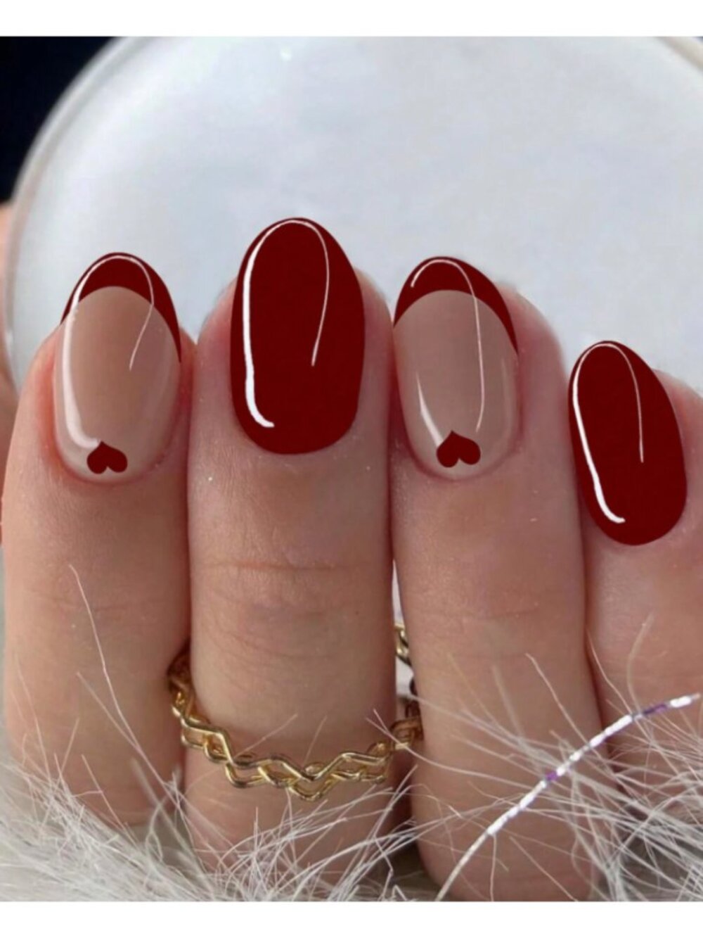 24pc Red Heart French Tip Press-On Nails Oval Glossy Glue-On Manicure Set